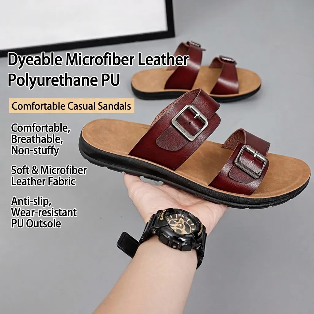 Men Outdoor Casual Sandals Microfiber Leather Double Buckle Straps Non-Slip Polyurethane Sole Beach Slippers Walking Shoes