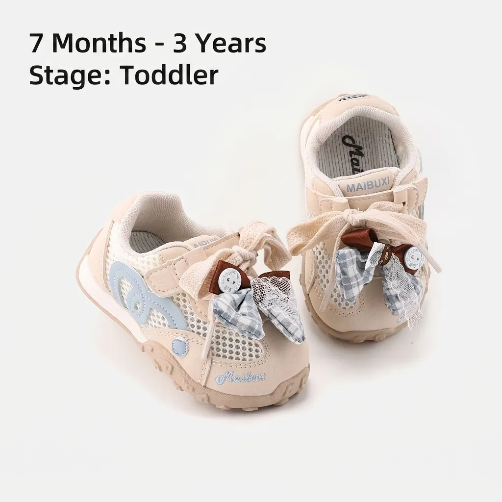 Synthetic Leather Mesh Toddler Girl Shoes Breathable Embroidered Bowtie Non-slip Rubber Sole Casual Board Sneakers For Outdoor Walking