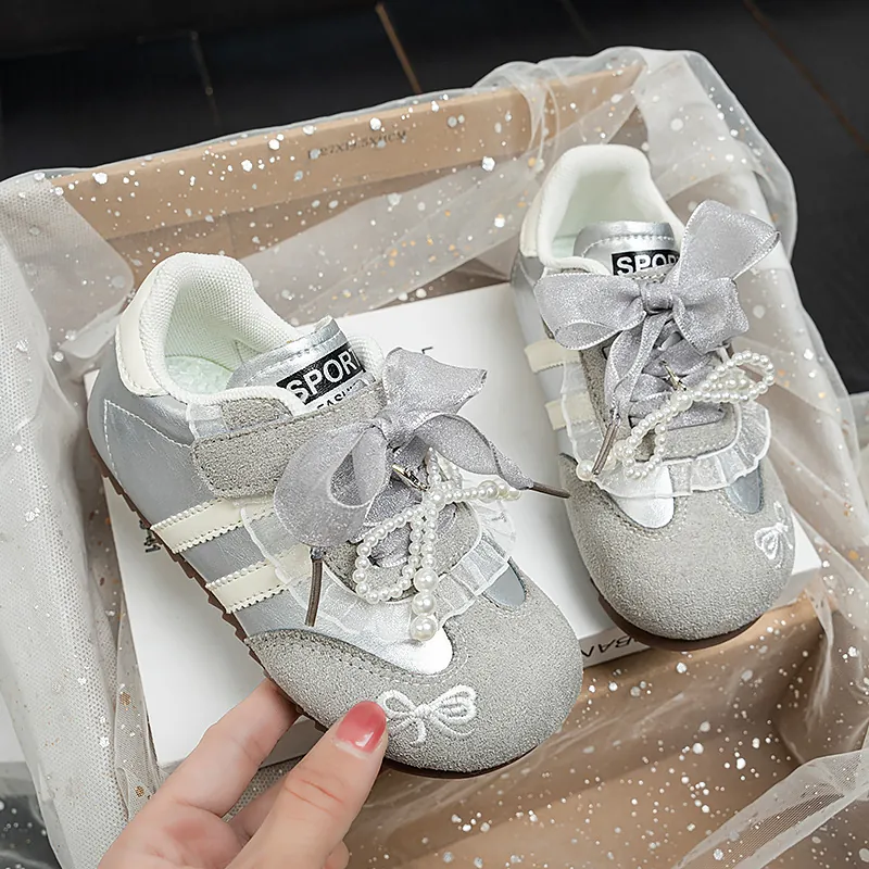 Girls Fashion Sneakers With Bow Pearl Decor Korean Style German Trainer Board Shoes Breathable Soft Sole Toddler Casual Shoes