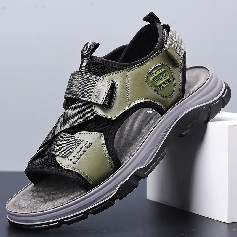 Herren Casual Strand Sandalen Erste Schicht Rindsleder Atmungsaktive Outdoor Sportschuhe Weiche Sohle Klettverschluss Sandalen Für Männer