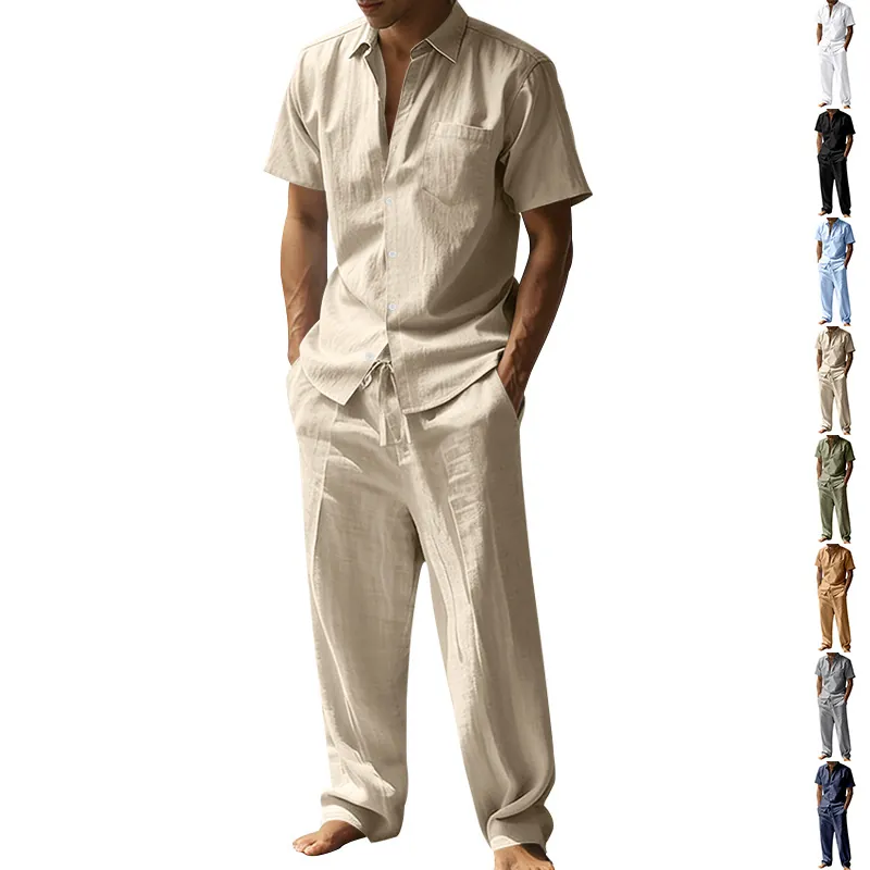 Men Summer Linen Casual Top And Bottom Short Sleeve Lapel Shirt And Drawstring Long Pants Vacation Beach Fashion Outfit
