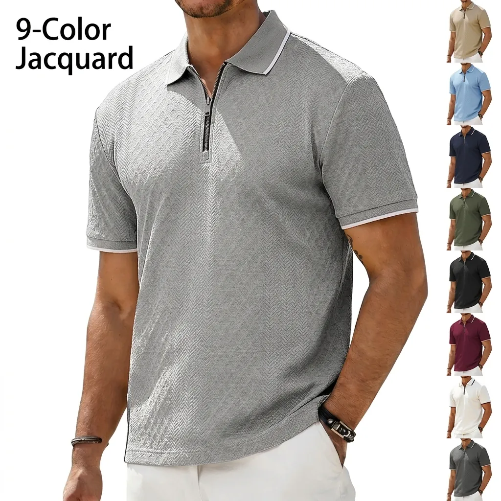 Men's Vintage Jacquard Polo Shirt Short Sleeve Zipper Lapel Contrast Stripe Heavyweight Casual Knitted Top For Summer