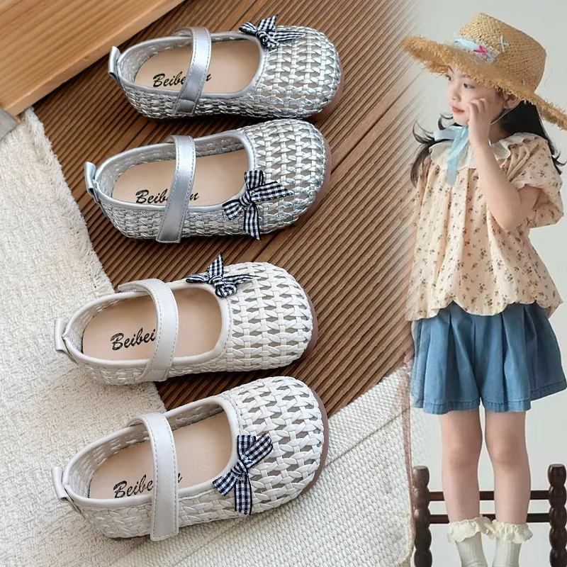 Mädchen Mary Jane Flache Schuhe Gewebt Durchbrochen PU Leder Prinzessin Kleiderschuhe Mit Karierter Schleife Klettverschluss Lässig Kleinkinder Kinder Wanderschuhe