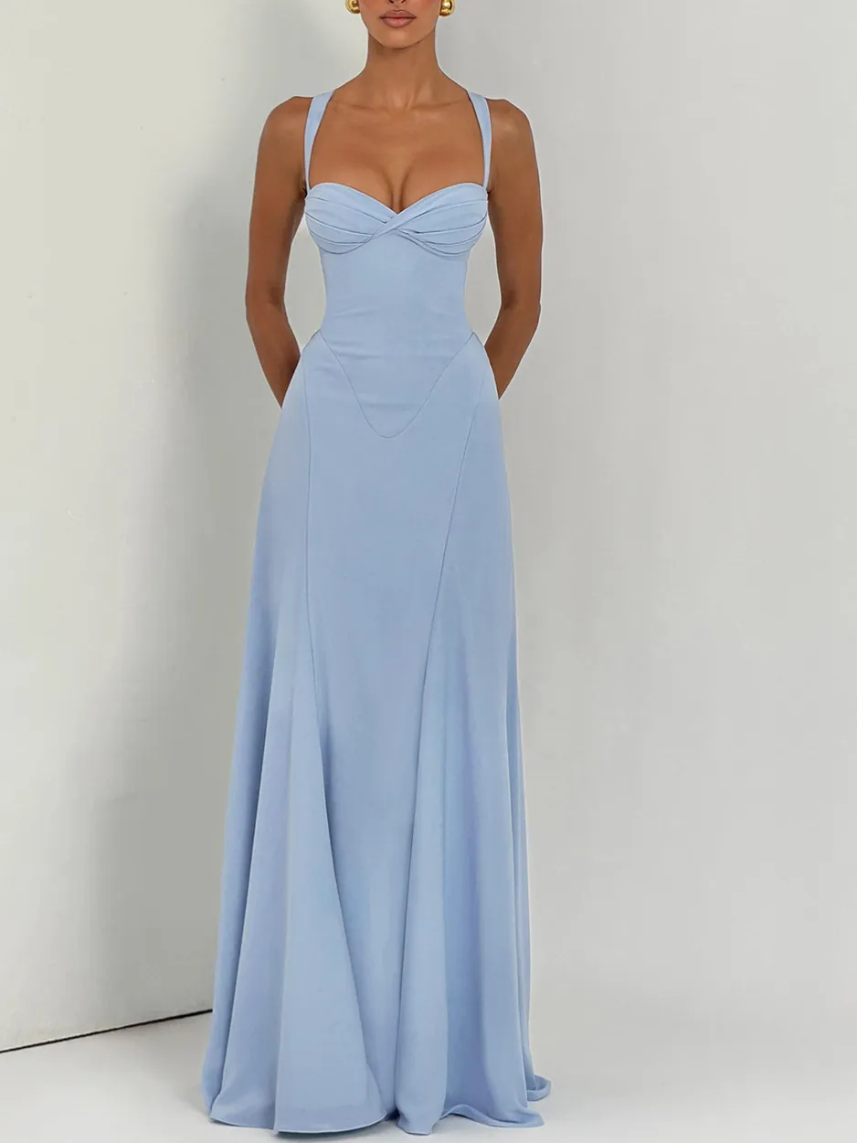 Französisches Elegantes Tief Ausgeschnittenes Gekreuzt Gefaltetes Rückenfreies Maxikleid Für Damen Sexy Slim Fit Polyester Kleid