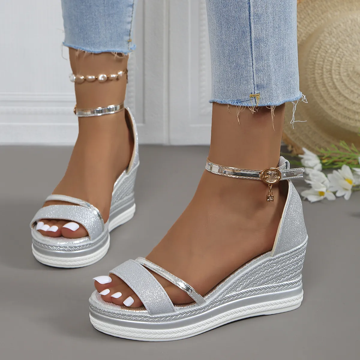 Sandalias de Cuña para Mujer Con Diamantes de Imitación Boca de Pez Plataforma Correa al Tobillo Tacones Altos Charol Verano Moda Zapatos de Vestir
