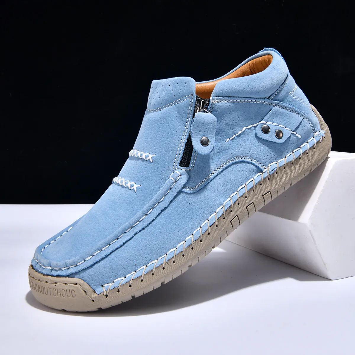 Women's Fashion Plus Size High-Top Casual Shoes Outdoor Slip-On Flat Handmade PU Leather Shoes With Side Zipper Rubber Sole