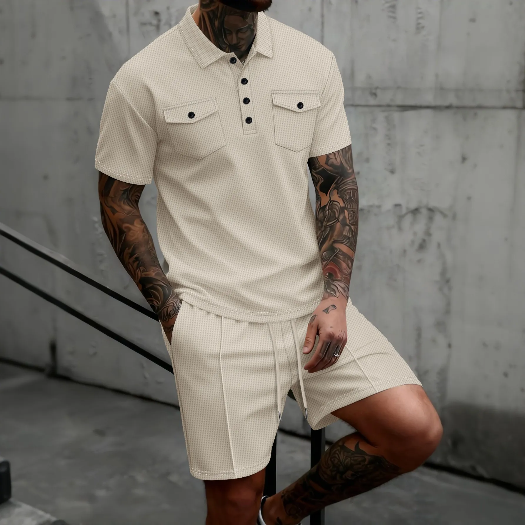 Herren Waffelstrick Casual Polo Shirt Und Shorts Top Und Bottom Sommer Mode Einfarbig Kurzarm Outfit