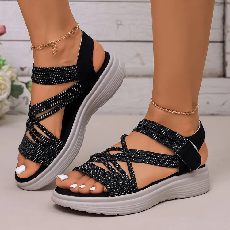 Damen Sommer Plateausandalen Gewebt Hohl Strandschuhe Elastisches Gewebe Flache Sandalen Mit Klettverschluss Lässig