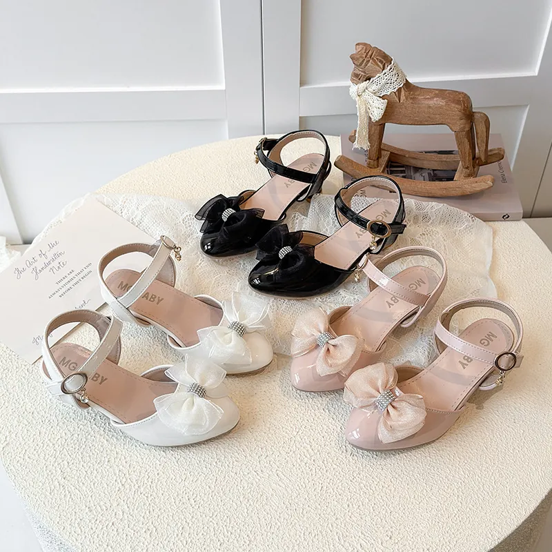 Girls Rhinestone Bow High Heel Sandals Pointed Toe Party Shoes Patent Leather Bowknot Summer Fashion Princess Sandals