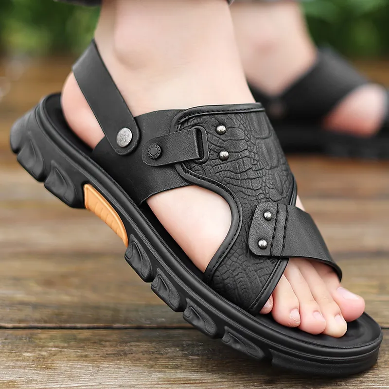 Herren Kopfschicht Rindsleder Sandalen Krokodilmuster Dicke Sohle Lässig Strand Schuhe Dual-Use Rutschfeste Atmungsaktive Sandalen
