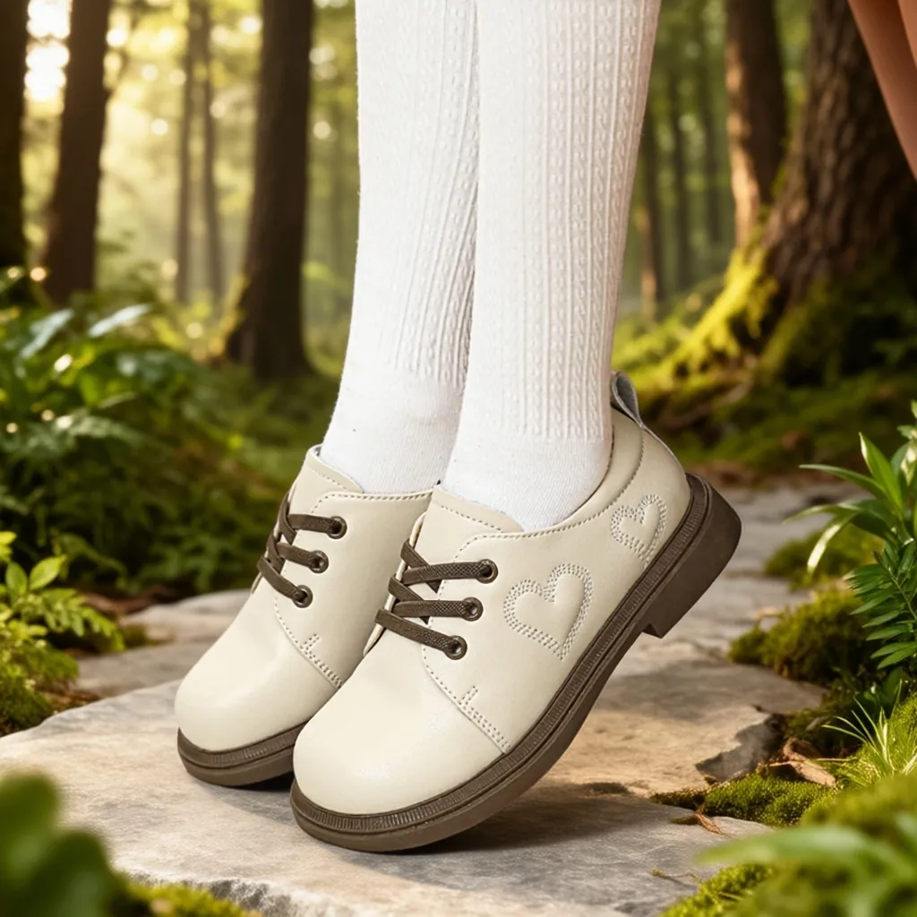 Girls Preppy School Style Leather Shoes Cowhide Heart Pattern Lace Up Thick Sole Round Toe Casual Flat Shoes For Children