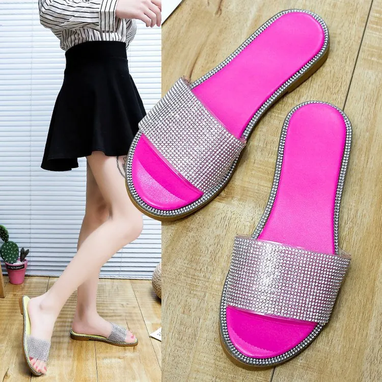 Dames Strass Platte Pantoffels Zomer Koreaanse Mode PU Rubberen Zool Slangenprint Strand Slippers Casual Sandalen Voor Dames