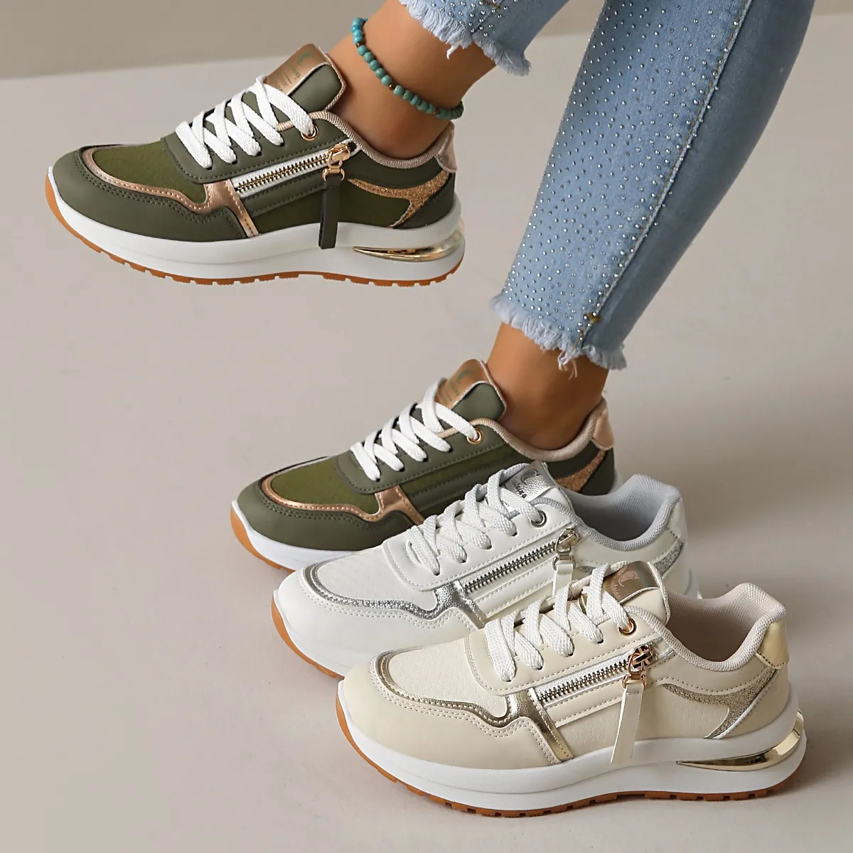 Zapatillas de Moda para Mujer Bloque de Color Suela Gruesa Zapatos de Plataforma Cremallera Lateral Zapatos Deportivos Casuales para Mujer Nuevas Zapatillas de Primavera Otoño
