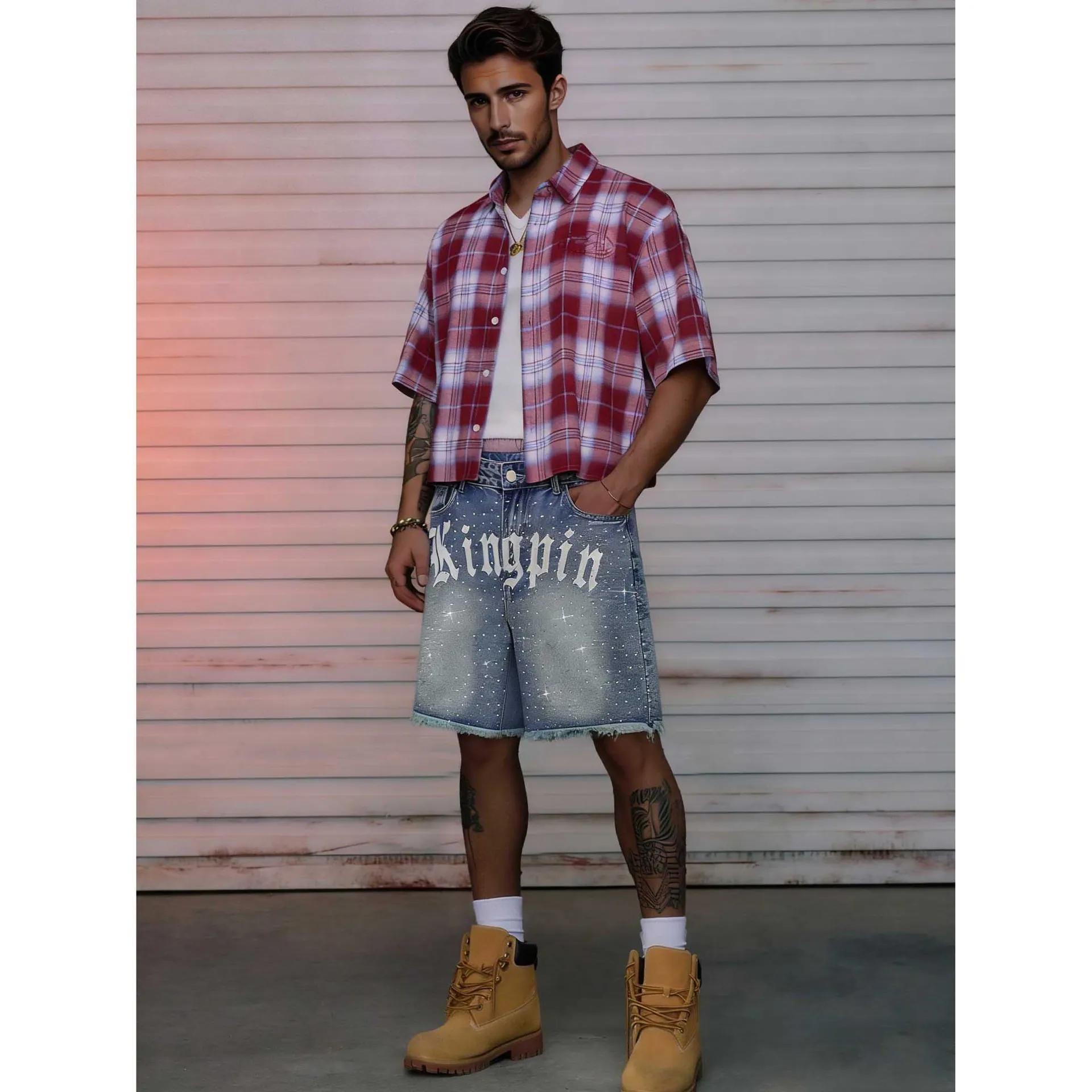 Men's Streetwear Denim Shorts With Rhinestone And Gothic Letter Print Non-Stretch Washed Frayed Hem Shorts Summer Bottom