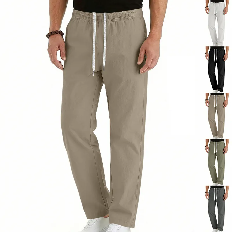 Men Casual Straight Leg Pants Minimalist High Street Drawstring Loose Breathable Lightweight Polyester Trousers For Summer Office