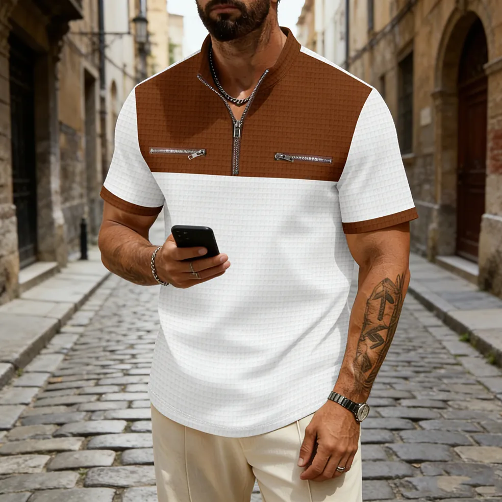Men's Fashion Colorblock Waffle Knit Short Sleeve Half Zip Stand Collar Polo Shirt Casual Sporty Top With Zipper Pockets