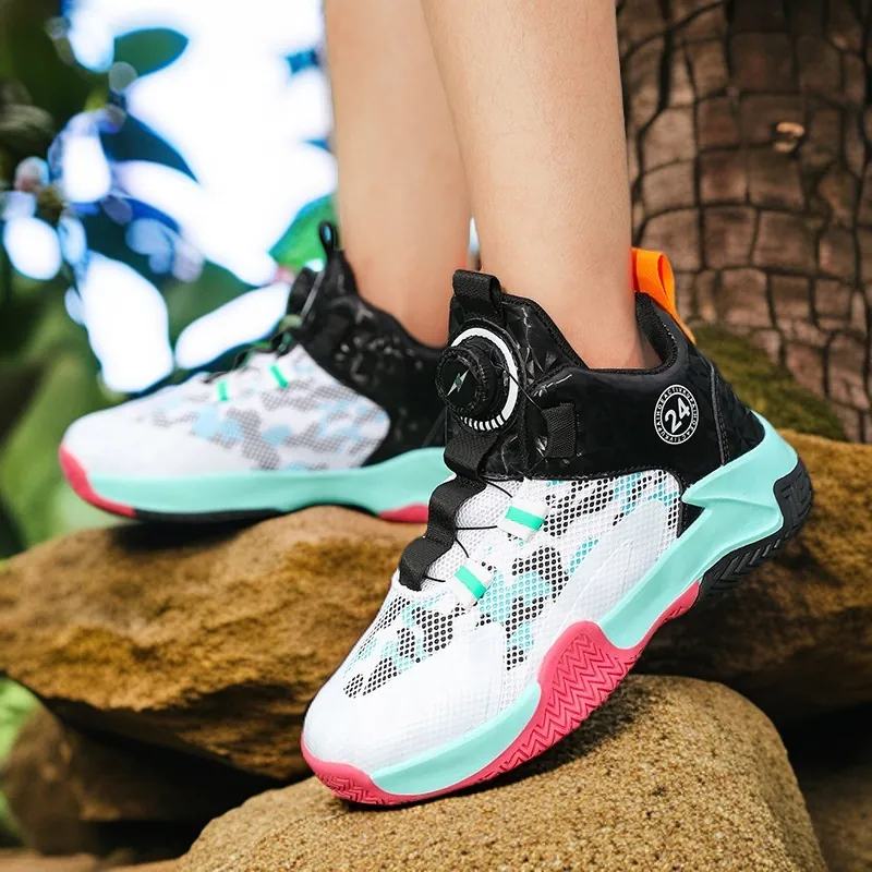 Zapatos de Baloncesto para Niños 2025 Primavera Nuevas Zapatillas Deportivas de Malla Transpirable para Niños Hebilla Giratoria Caña Alta Zapatos Atléticos Antideslizantes