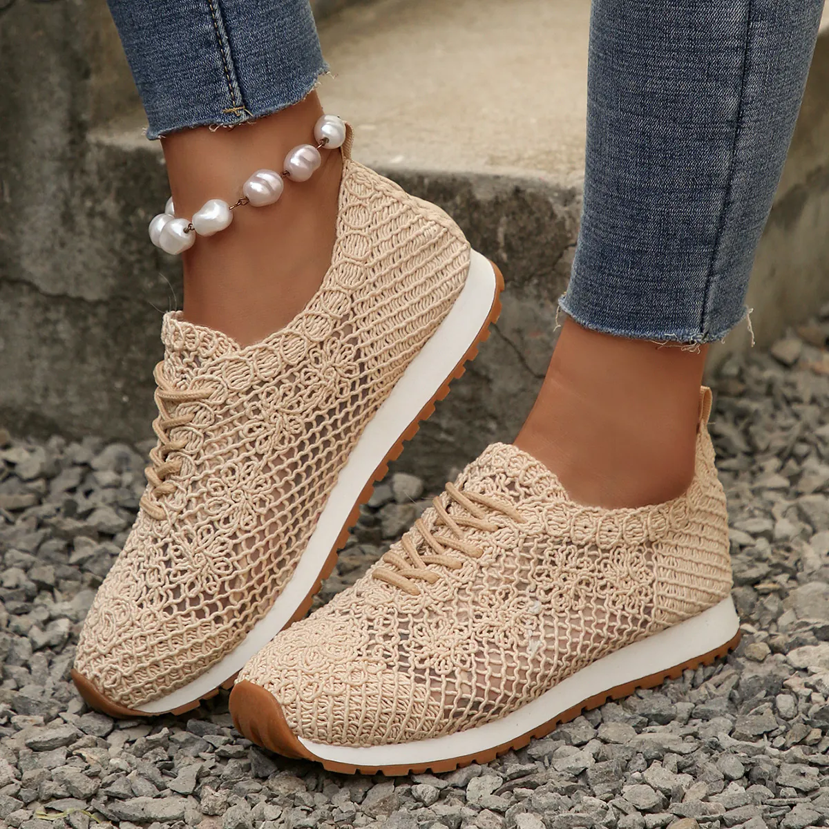 Women Breathable Mesh Sneakers Casual Lace Up Low Top Flat Board Shoes Hollow Out Crochet Knit Plus Size Walking Shoes