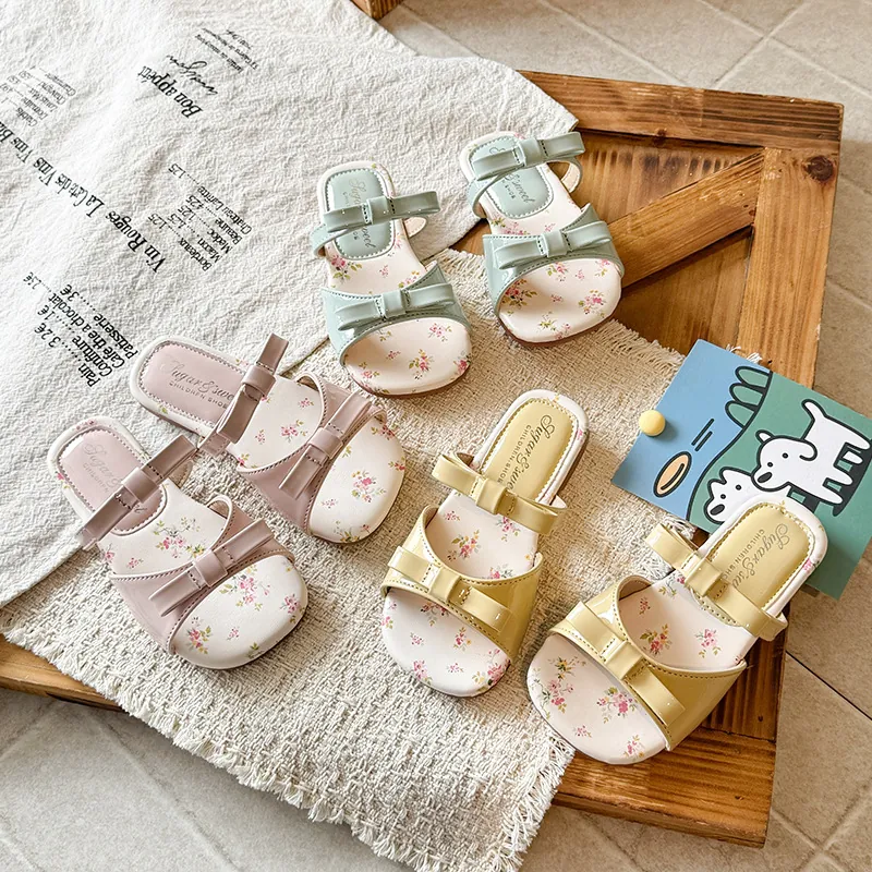 Toddler Girls Bowknot Sandals PU Leather Rubber Sole Princess Shoes Floral Insole Hook And Loop Casual Beach Summer Shoes