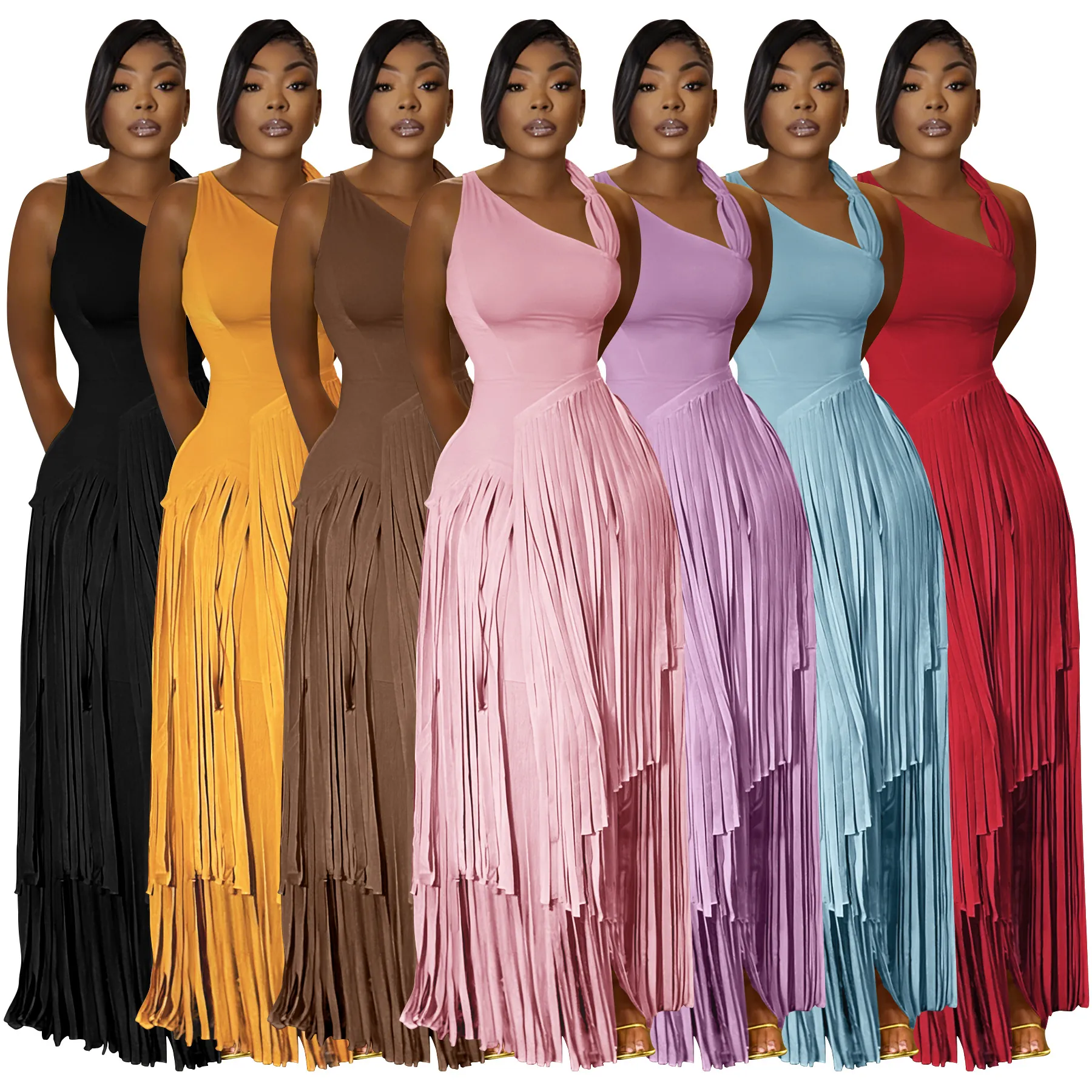 Women Sexy One Shoulder Tassel Maxi Dress Elegant Solid Color Slim Fit Fringe Evening Gown Wedding Party Bodycon Dress