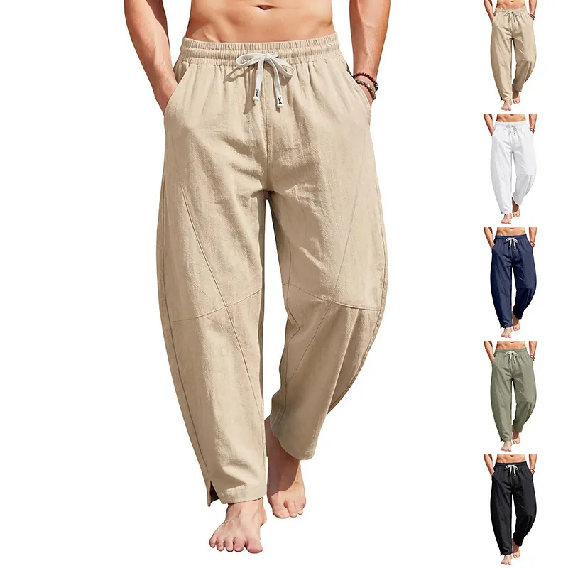 Men's Casual Cotton Linen Patchwork Harem Pants Summer Beach Drawstring Trousers Loose Fit Lightweight Daily Bottom Wear