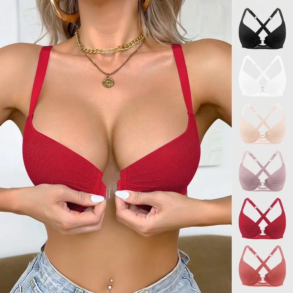 Women Front Closure Push Up Bra Criss-Cross Back Seamless Gathering Brassiere Comfortable Sexy Lingerie Nylon Spandex Underwear