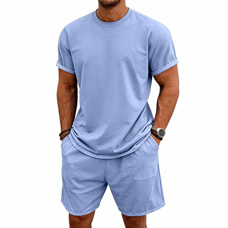 Ensemble de Survêtement Deux Pièces pour Hommes Été Décontracté Couleur Unie Col Rond Manches Courtes Top And Bottom Coupe Large Outfits