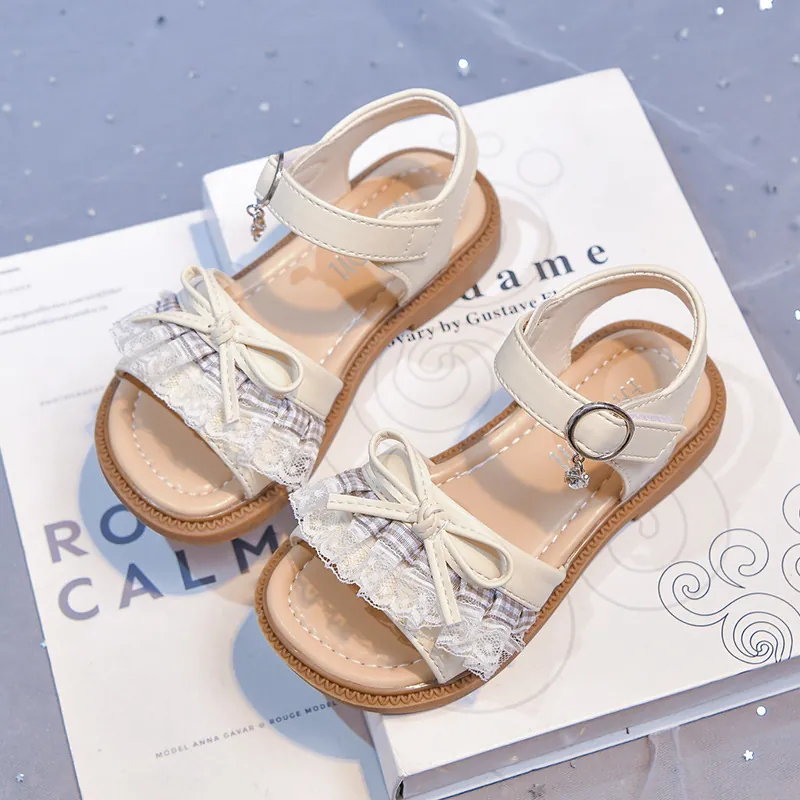 Girls Summer Lace Bow Princess Sandals Soft Sole Open Toe Elegant Beach Shoes Non-Slip Comfortable Fashion Kids Footwear