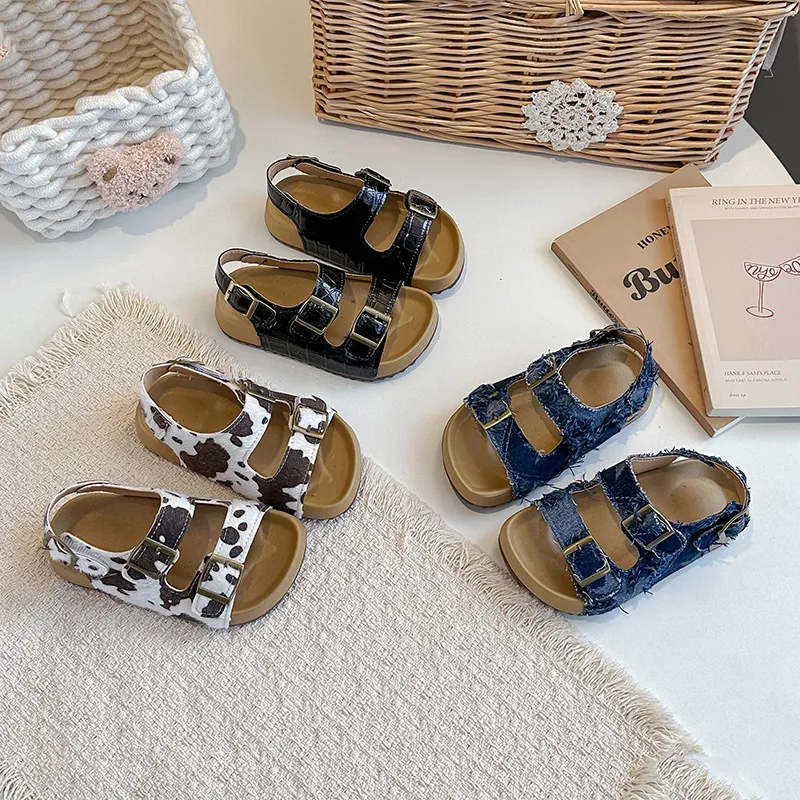 Sandali Estivi alla Moda per Bambine Scarpe da Spiaggia Basse Casual a Punta Aperta in Pelle PU Motivo Coccodrillo Denim Stampa Mucca Chiusura a Strappo