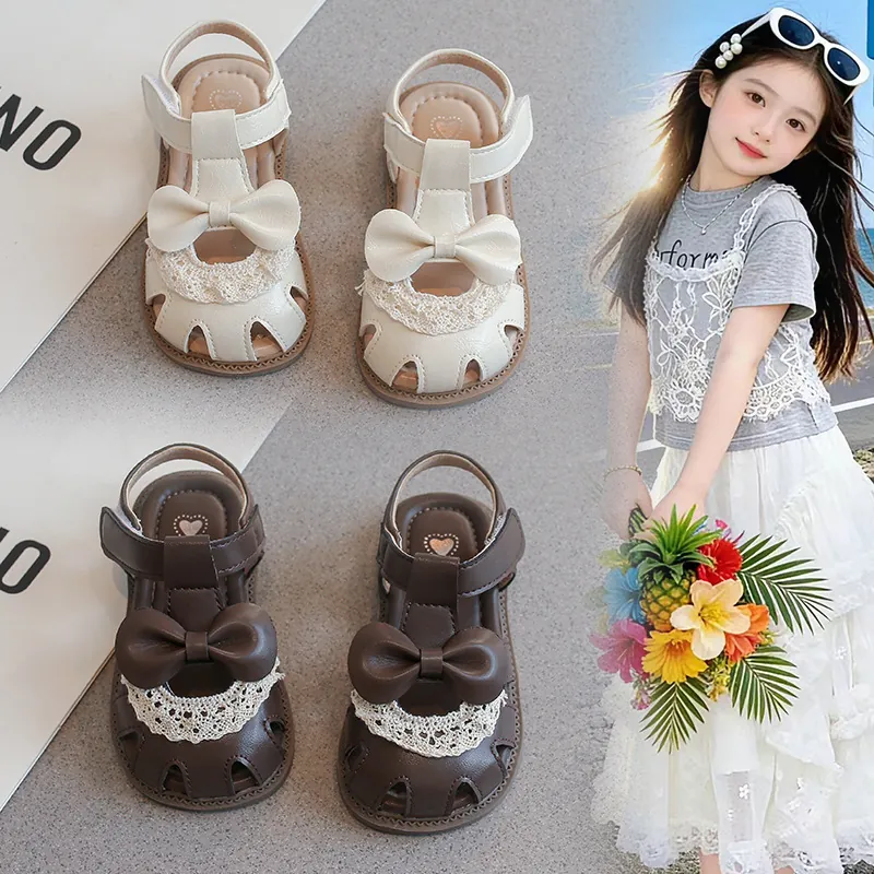 Sandalias de Puntera Cerrada para Niñas Pequeñas Estilo Princesa con Lazo y Encaje Suela Suave Zapatos de Caminar para Playa Verano