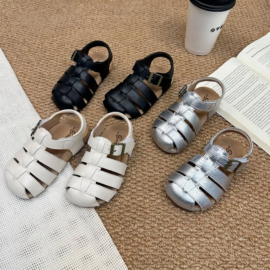 Kids Retro Woven Closed-Toe Sandals Summer Boys Girls Roman Shoes Soft Non-Slip Toddler Sandals Casual Outdoor Beach Shoes