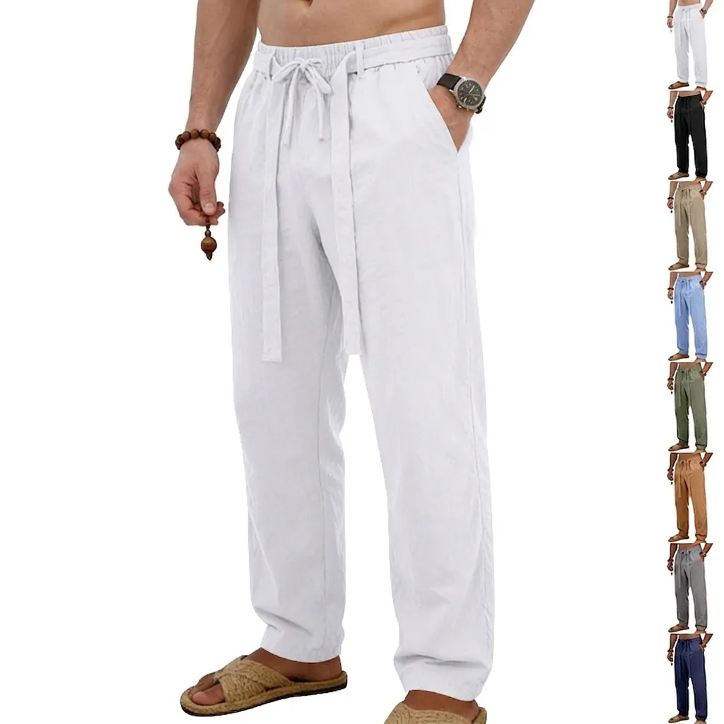 Pantaloni Casual Uomo Larghi in Misto Lino Gamba Dritta Estivi Traspiranti con Coulisse Tinta Unita Vacanza