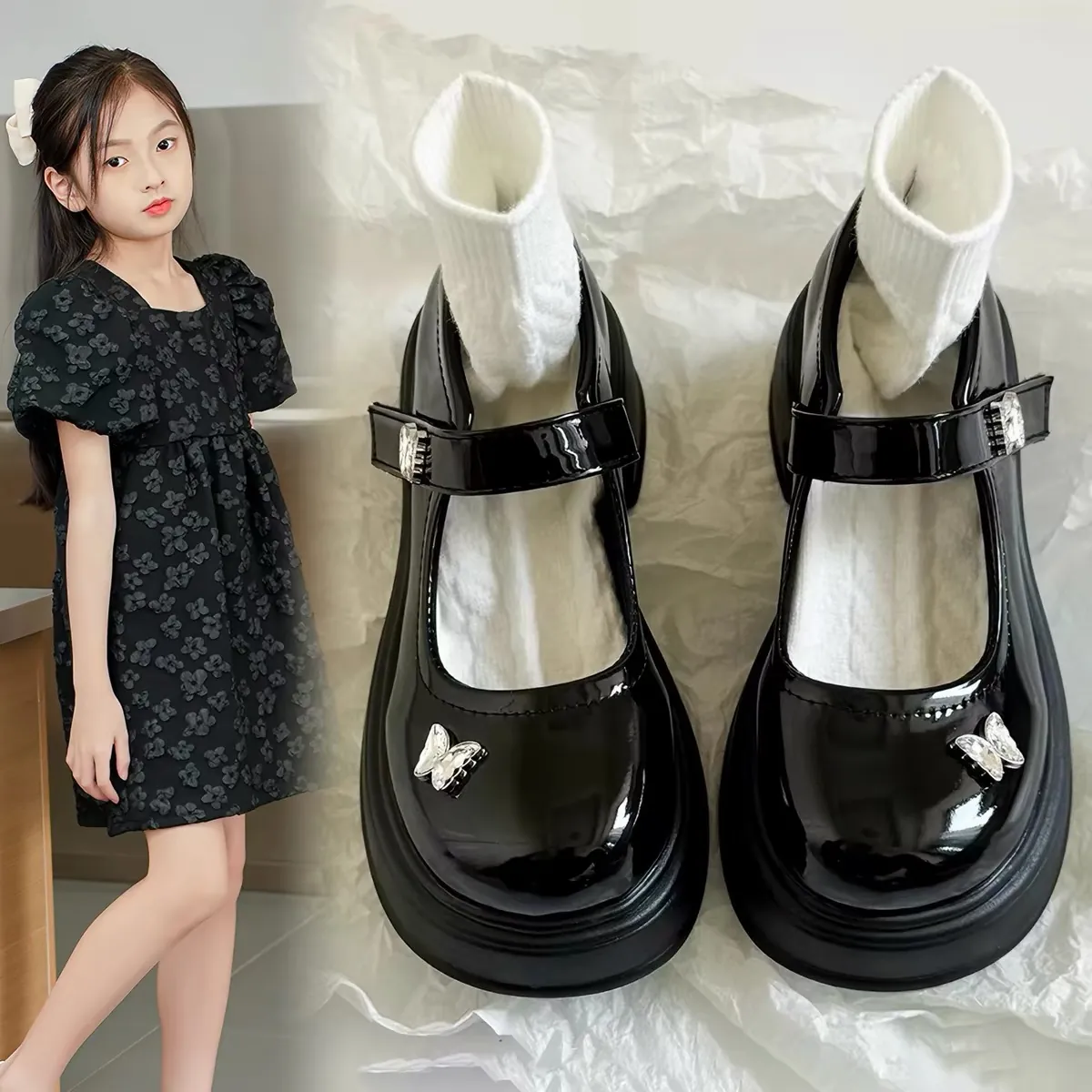 Mädchen Mary Jane Schuhe Prinzessin Lackleder Flache Schuhe Mit Strass Schleife Atmungsaktiv Weiche Sohle Party Schule Halbschuhe