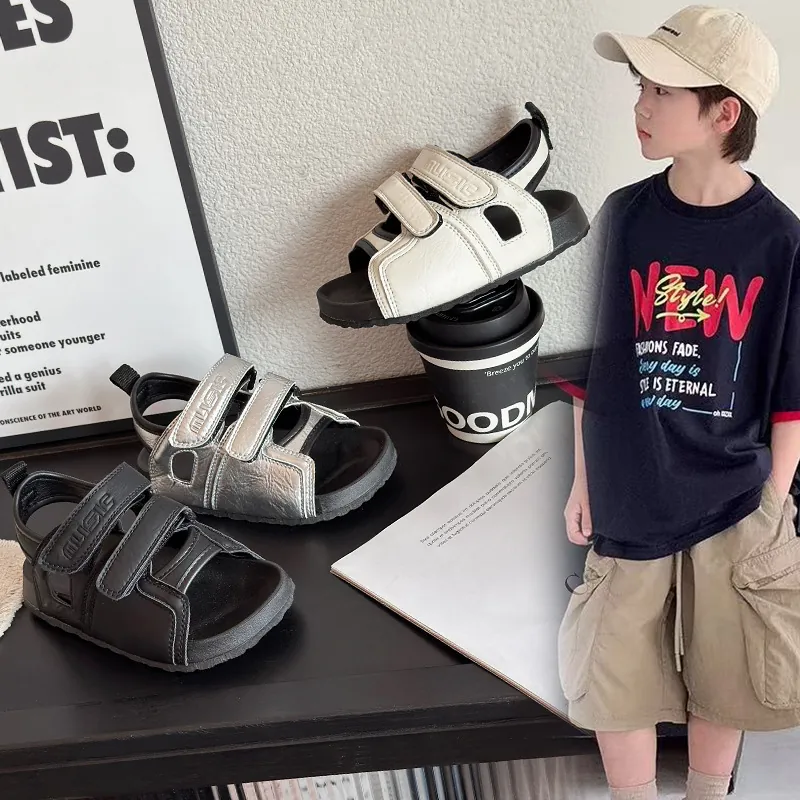 Sandales de Plage pour Enfants de Style Coréen Chaussures d'Été Décontractées à Bout Ouvert pour Garçons et Filles Double Velcro Cuir PU Semelle en Caoutchouc