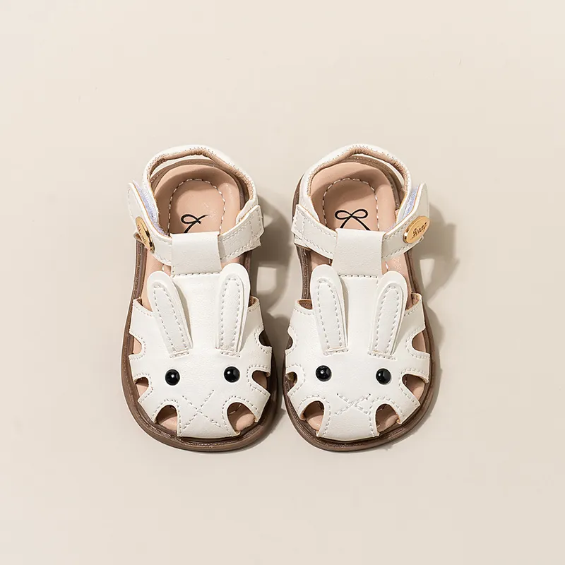 Sandalias de Verano para Niñas Pequeñas Lindas Orejas de Conejo Suela Blanda Zapatos de Princesa Romana Cuero Sintético Blanco Marrón Oscuro Moda