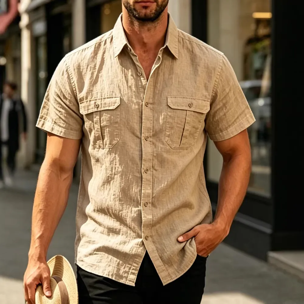 Men's Summer Jacquard Linen Blend Short Sleeve Polo Shirt Casual Breathable Solid Color Top with Chest Pockets