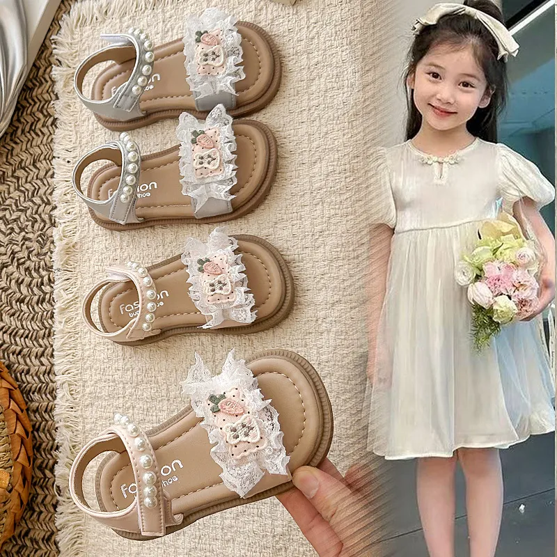 Kleine Mädchen Sandalen Koreanischer Prinzessinnen-Stil Schuhe Sommer Perle Spitze Flache Strand Sandalen Für Kinder Silber Rosa