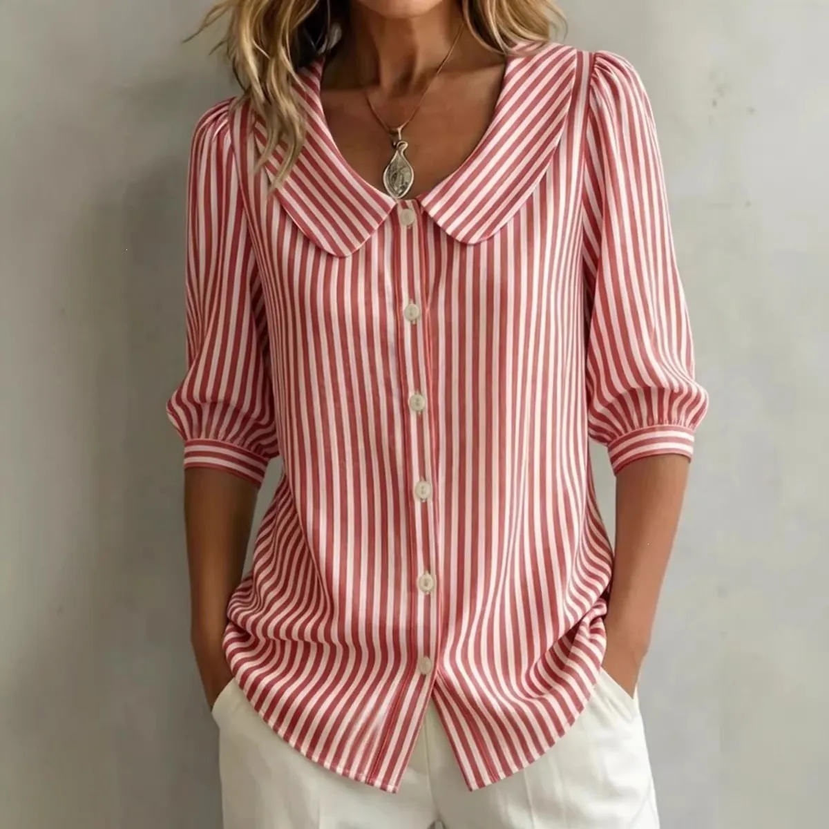Women's Casual Striped Peter Pan Collar Blouse Top Half Sleeve Button Down Polyester Printed Shirt
