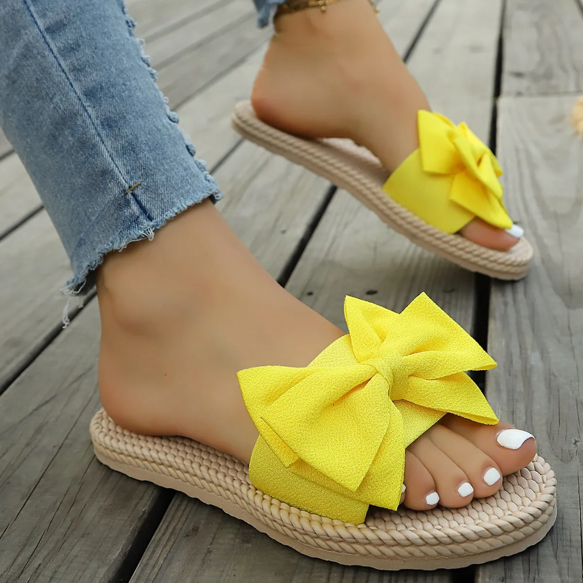 Ciabatte da Donna Casual in Cotone con Fiocco Piatte Estive Leggere per Interno Esterno a Fascia Singola Punta Tonda Comode Scarpe da Casa