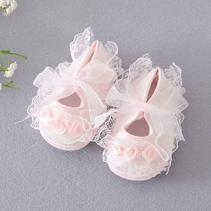Baby Girls Princess First Walkers Lace Flower Bow Soft Sole Non-Slip Toddler Shoes Infant Walkers For Spring Autumn