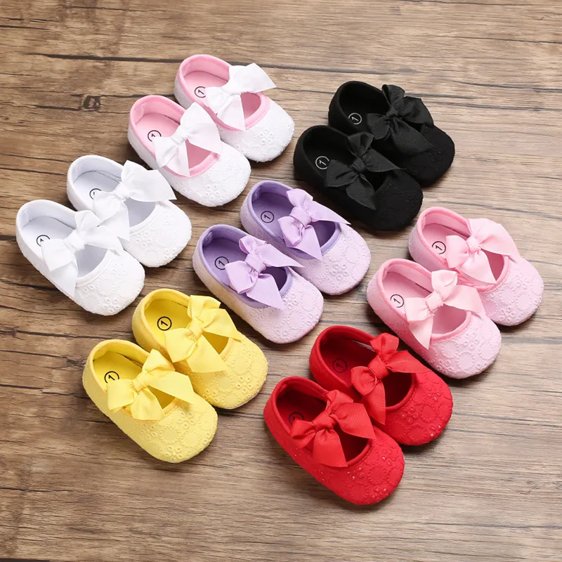 Chaussures de Princesse pour Bébé Fille Nœud Papillon Dentelle Brodée Semelle Souple Antidérapante Chaussures de Marche