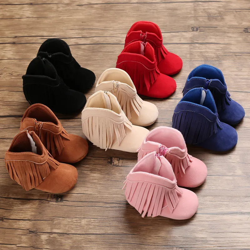 Baby Fringe First Walker Boots Soft Sole Winter Warm Toddler Shoes With Side Zipper For 0-1 Year Old Boys Girls