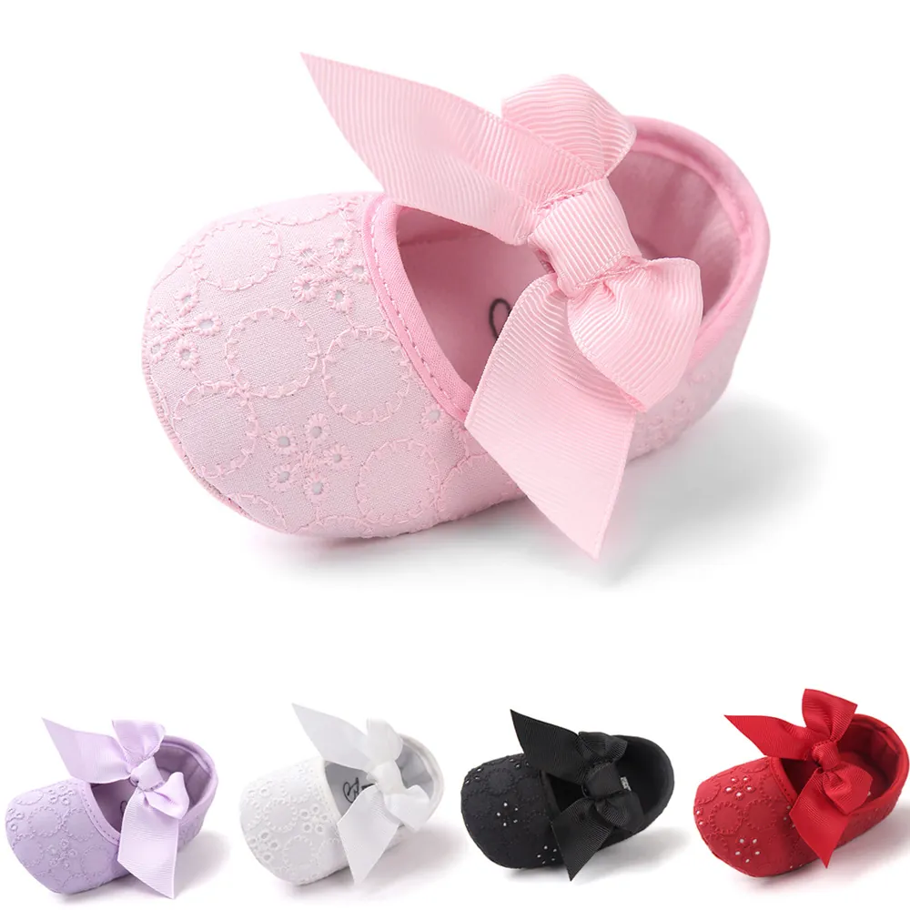 Baby Girls Embroidery Princess Shoes Floral Soft Sole First Walkers Toddler Shoes with Large Bow for Newborn Gift
