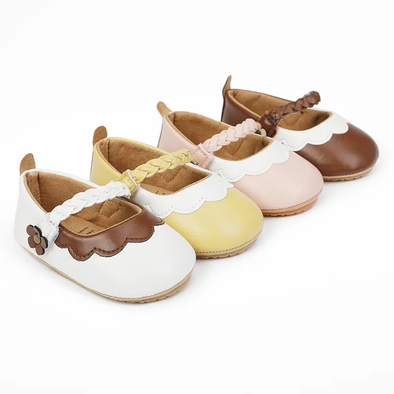 Weiche Sohle Säugling Baby Lauflernschuhe PU Leder Gezackter Rand Geflochtener Riemen Mary Jane Stil Antirutsch Für Kleinkinder