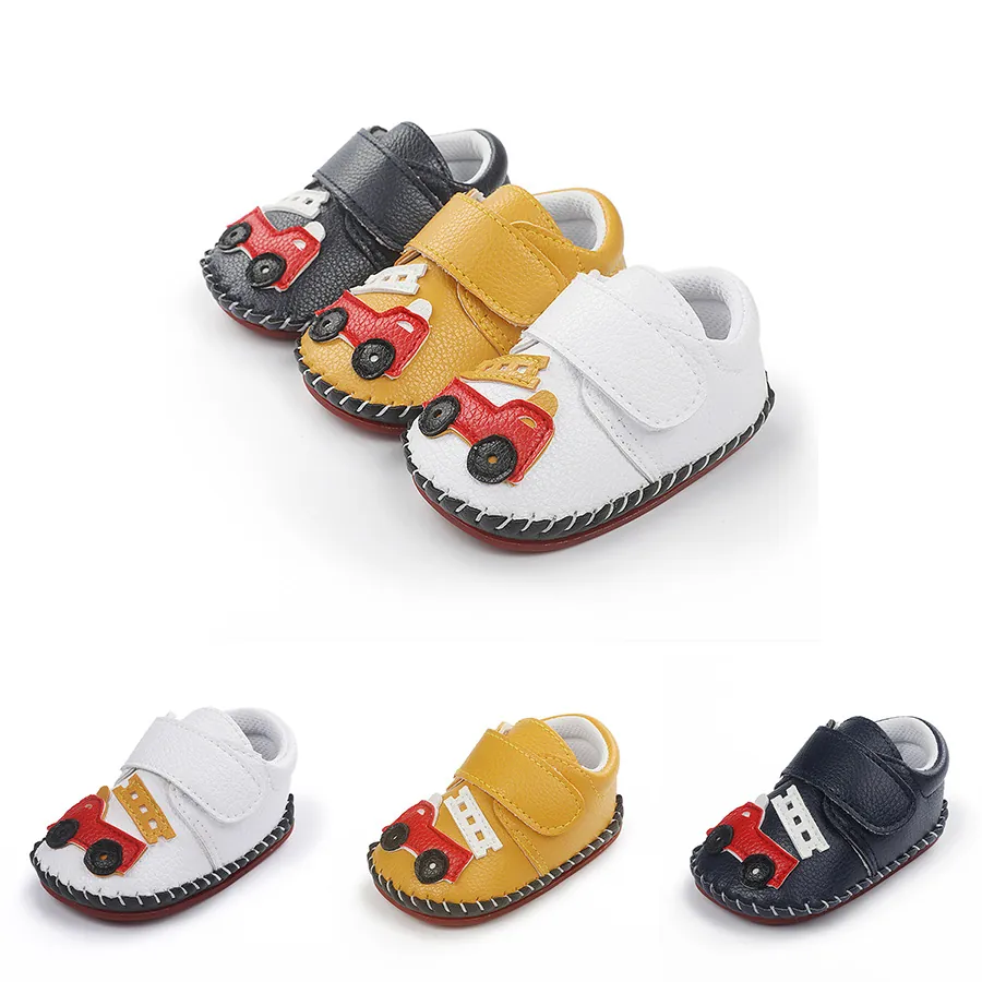 Chaussures Premier Pas Bébé Camion de Pompiers Dessin Animé Cousues Main en Cuir PU Antidérapant Semelle Souple Enfants