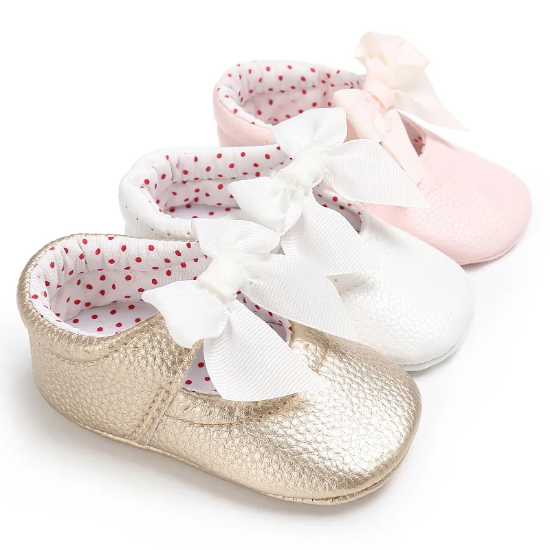 Zapatos de Princesa con Lazo para Bebé Niña Cuero PU Suela Blanda Antideslizante Zapatos de Primeros Pasos Blanco Rosa Dorado