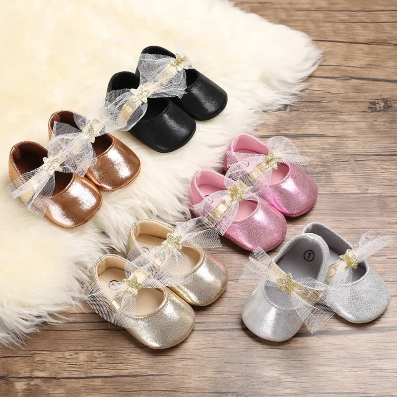 Baby Mädchen Prinzessin Lauflernschuhe Weiche Sohle PU Leder Schleife Stern Dekor Rutschfeste Kleinkind Mary Jane Flats