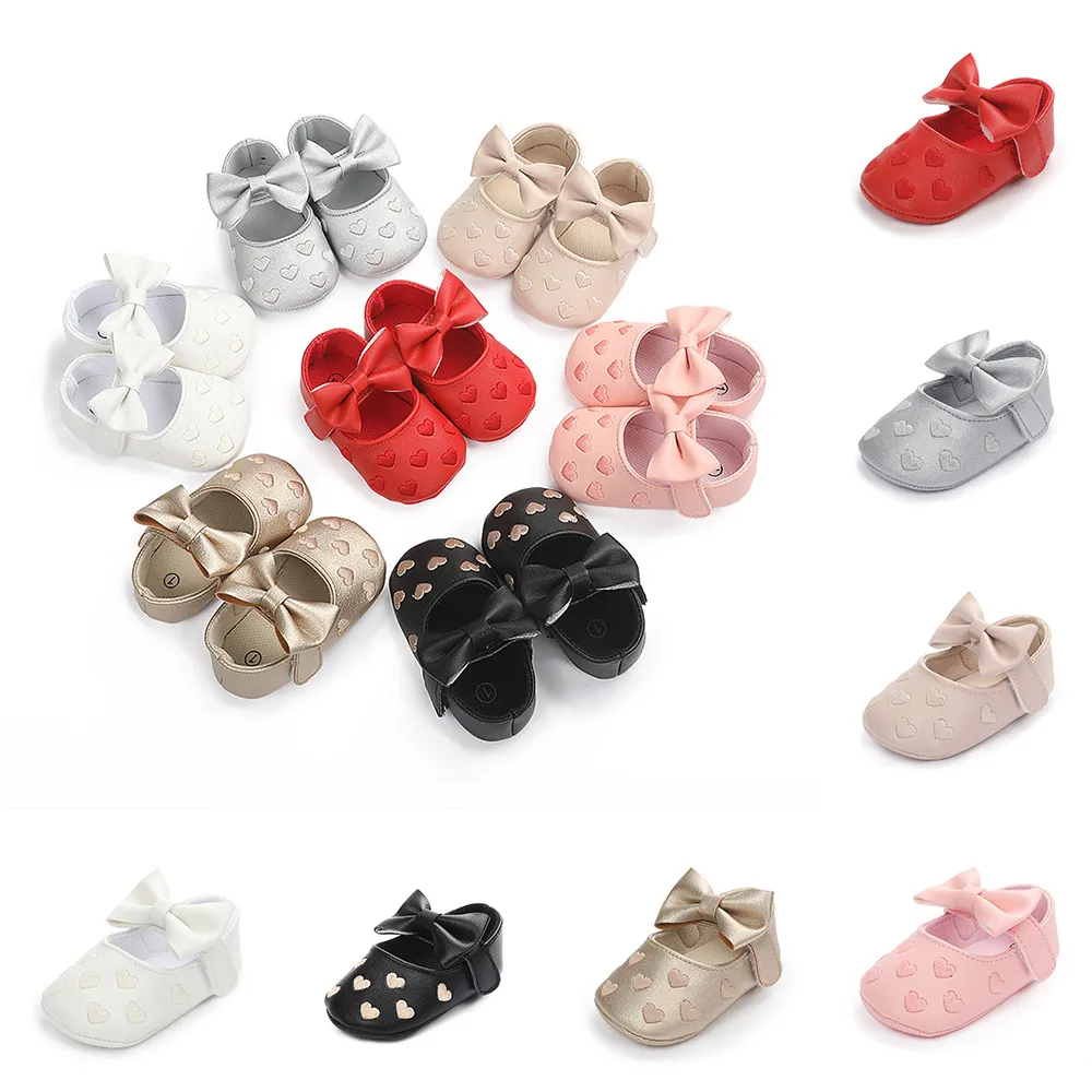 Baby Mädchen Prinzessin Lauflernschuhe Herz Bestickung Schleife Mary Jane Weiche Sohle Rutschfest PU Leder Kleinkind Hausschuhe