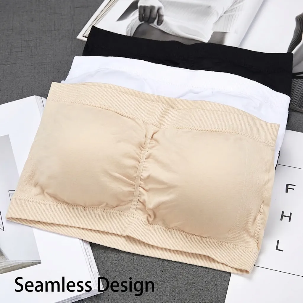 Women's Seamless Strapless Bandeau Bra Ribbed Texture Invisible Tube Top With Breast Pads Comfortable Stretch Lingerie For Daily Underwear