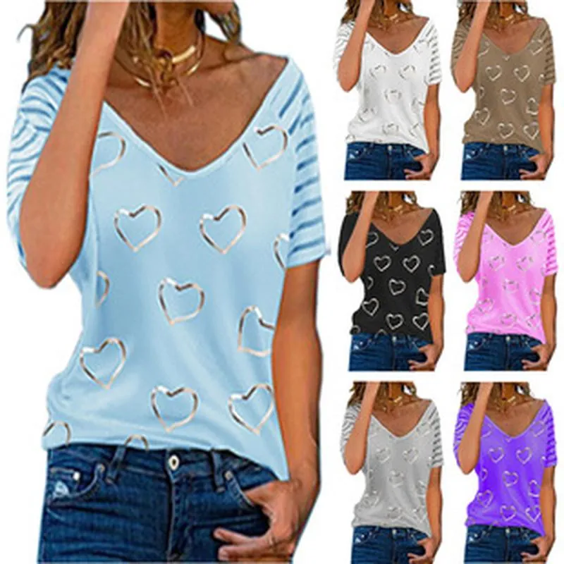 T-Shirt Femme Grande Taille Col en V Imprimé Cœur Patchwork Rayé Manches Courtes Polyester Top Décontracté Été